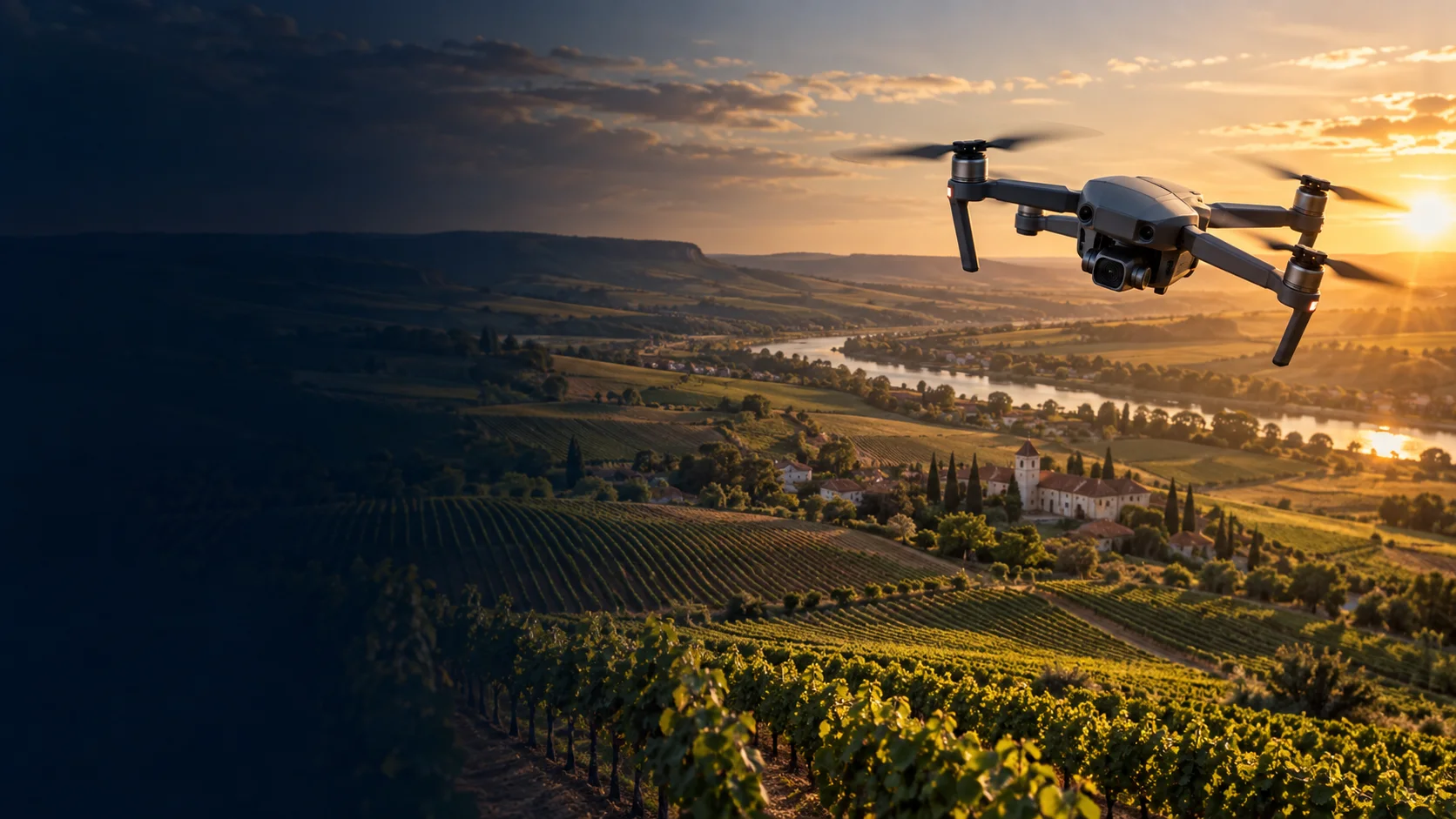 Dronă în zbor deasupra unei podgorii din Moldova la apus