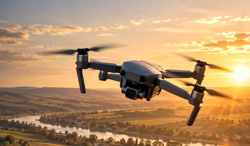 Dronă în zbor deasupra unei podgorii din Moldova la apus